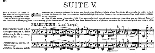
	Début du Prélude de la 5eSuite pour violoncelle seulde J. S. Bach avec la double notation, Peters, ca 1911, par Hugo Becker.