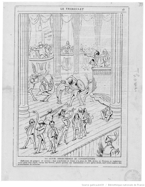 
	J. Blass, « La lutte Arban-Thomas au Conservatoire », caricature in Le Triboulet, non daté (source gallica.bnf.fr / Bibliothèque nationale de France).