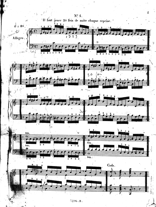 
	Carl Czerny, Exercice journalier pour atteindre et conserver le plus haut degré de perfection sur le piano, consistant en 40 études, avec des répétitions prescrites. Œuv. 337 composées par Ch. Czerny, Paris, Richault, [1844], p. 5.
