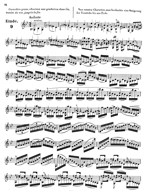 
	Charles-Auguste de Bériot, « Étude 9 », 60 études de concert pour violon. (École transcendante), op. 123, Mayence, Schott, [1866], p. 14.