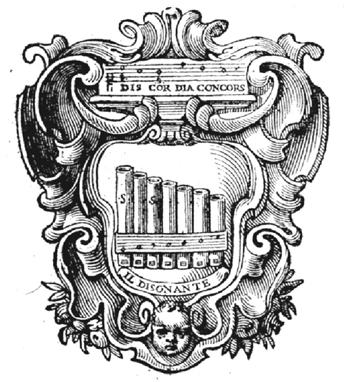 
	Emblème d’Adriano Banchieri, il Disonante, dans l’Académie des Filomusi de Bologne.