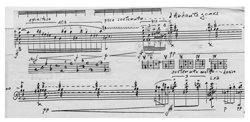 
	Prélude de Diógenes Rivas (1995), extrait du manuscrit avec annotations personnelles pour la réalisation de certains passages et accords sur l’instrument. Les 5 grilles concernent les cinq positions fff de la deuxième portée.