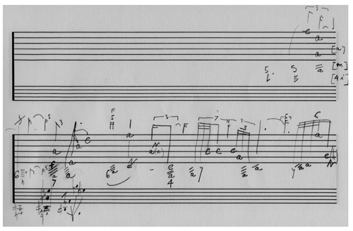 
	Tablature manuscrite précisant quelques positions de la main droite dans un passage du Prélude de La Chair de l’ombre de Franck C. Yeznikian, depuis le si grave de la première ligne presque jusqu’à la fin.