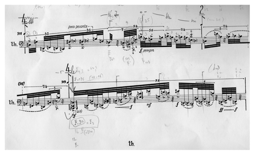 
	M de Brice Pauset (1996), partie de théorbe, mesure 311. Les tempi des figures rythmiques sont ajoutés au crayon, ainsi que quelques doigtés de main gauche.