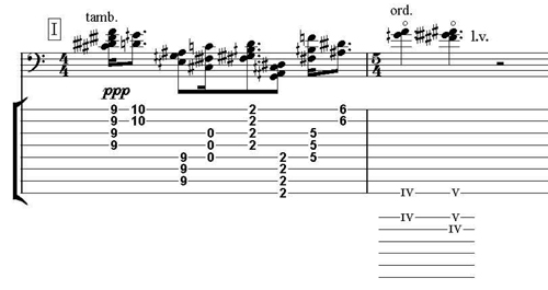 
	Vers un désert de Francisco Luque, p. 6 (noire à 66) : mode de jeu tambora, puis sons harmoniques répartis sur le petit et le grand jeu.