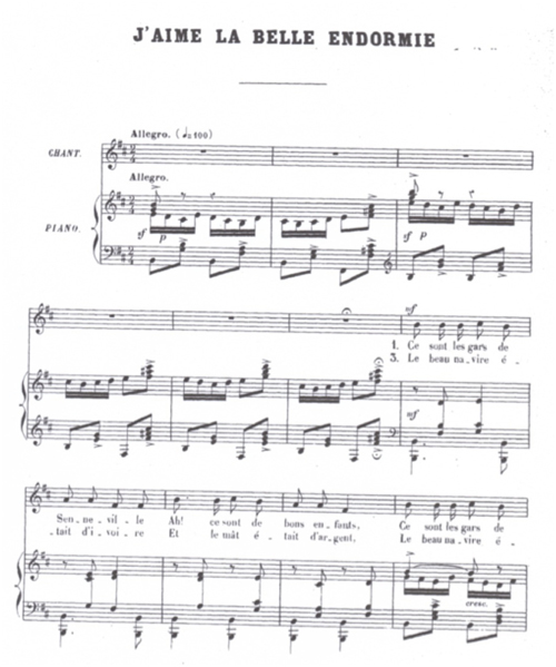 
	La Belle Endormie, version des Gars de Senneville par Édouard Moullé, partition extraite de Chants populaires recueillis dans la Haute-Normandie, Paris, Moullé, 1890, p. 78.