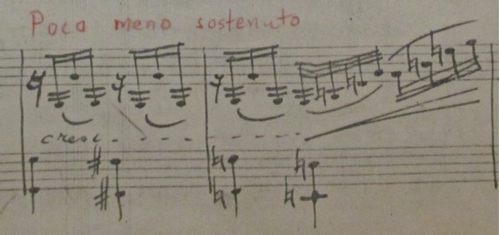 
	Le Chalutier mes. 33-34. Copie de l’autographe du compositeur. Ajout du poco meno sostenuto par LR, en analogie avec la version d’orchestre.