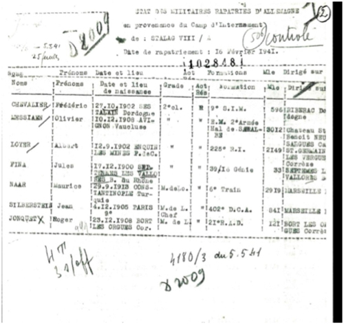
	Liste avec le nom de Messiaen, la date de rapatriement : 16 février 1941, sa formation militaire EM 2e armée et son emploi à l’hôpital de Sarralbe. Service historique de la Défense à Caen.