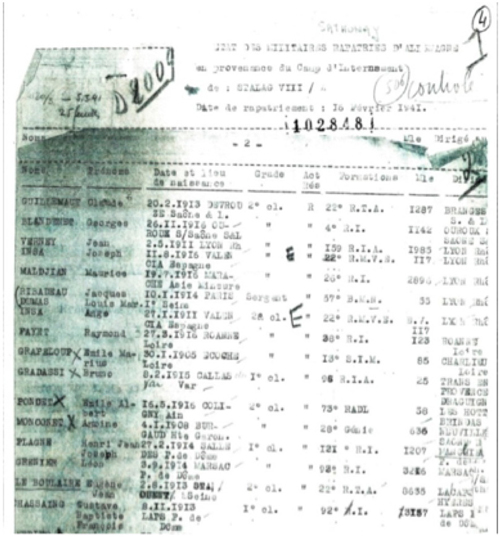 
	Liste avec le nom de Le Boulaire et la même date de rapatriement : le 16 février 1941. Service historique de la Défense à Caen.
