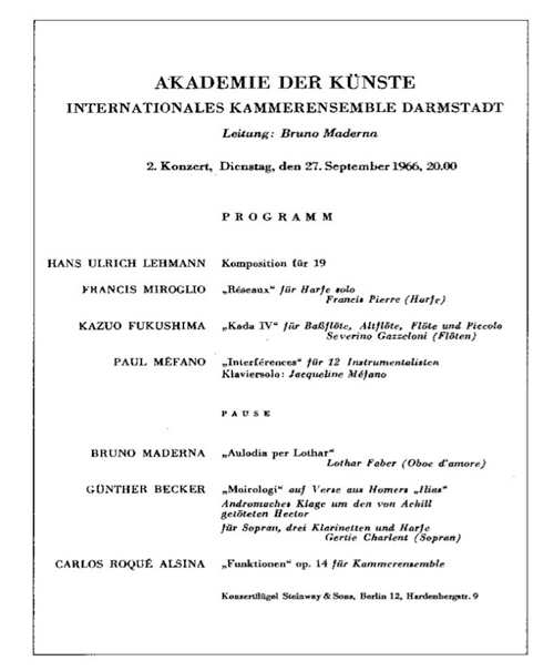 
	Affiche d’un concert d’œuvres cosmopolites placé sous la direction de Bruno Maderna (Darmstadt, 27 septembre 1966).
