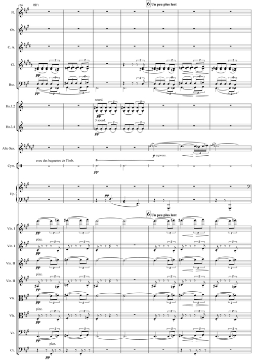 
	Claude Debussy, Rapsodie pour orchestre et saxophone, copie de l’édition Durand, mesures 166-172.