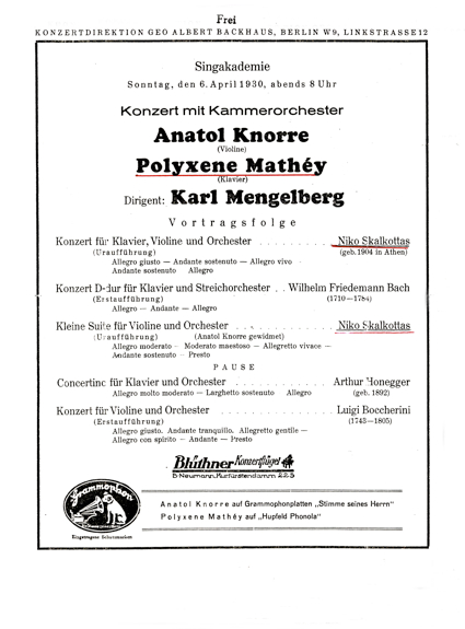 
	Programme de la création du Concerto pour piano, violon et orchestre le 6 avril 1930 – Archives Polyxeni Mathéy.
