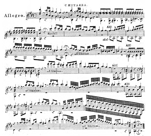 
	Luigi Legnani : Gran variazioni per chitarra sul duetto « Nel cuor piu non mi sento » nell’opera La molinara,op. 16, Vienne, Artaria, p. 1.