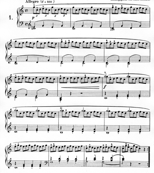
	Carl Czerny, Études de mécanisme (Vorschule zur Schule der Geläufigkeit) für Klavier zu zwei Händen opus 849. Herausgegeben von Adolf Ruthardt, Frankfurt, Peters, 19??, p. 2-3. Pièce no 1.