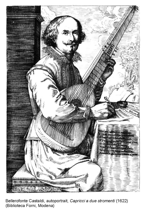 
	Bellerofonte Castaldi, autoportrait, Capricci a due stromenti cioe tiorba e tiorbino (1622), Biblioteca Forni, Modena.