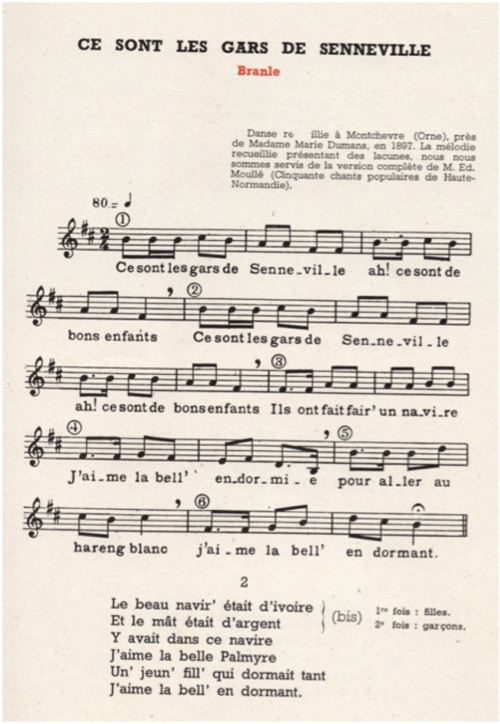 
	Les Gars de Senneville, partition extraite du recueil 25 Danses normandes recueillies par Jeanne Messager, Bayeux, René-Paul Colas, 1950, p. 55.