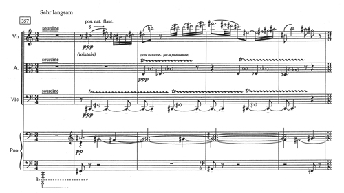 Le thème de l’Adagiode la Symphonie no 7 de Bruckner dans les mesures 357 à 361 de Mes béatitudes, 1995, Henry Lemoine, p. 29.