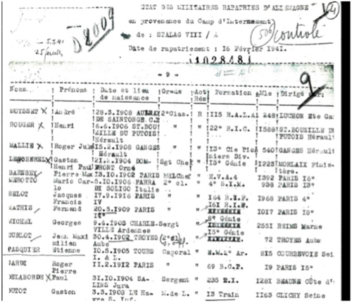 
	Liste avec le nom de Pasquier, la date de rapatriement : 16 février 1941 et sa formation militaire E. M. 2e armée. Service historique de la Défense à Caen.
	 