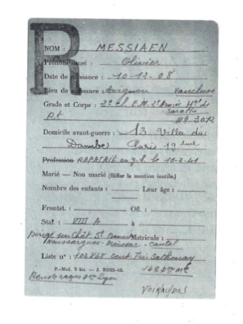 
	Carte de rapatriement « R » de Messiaen (première publication), recto. Service historique de la Défense à Caen. Copie dans la collection de J. Stankiewicz, Cracovie.