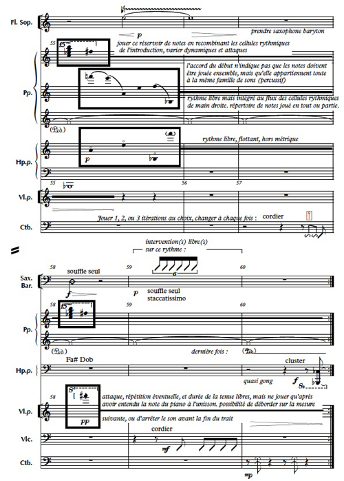 
	Visuel 12 : Mouvement II, mesures 49-60, contrebasse et harpe (basse et gong).
