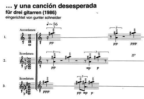 
	Scordature des guitares dans ...y una canción desesperada de Beat Furrer (Universal, 1986).