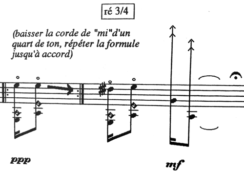 
	Thierry Blondeau, Non-lieu pour guitare seule, début du désaccordage de la sixième corde (Ricordi, 1998, p. 10).