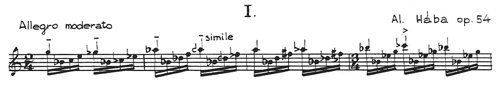 
	Début du premier mouvement de la Suite n° 1 op. 54 pour guitare en quarts de ton d’Alois Hába (Nymphenburg, 1943).