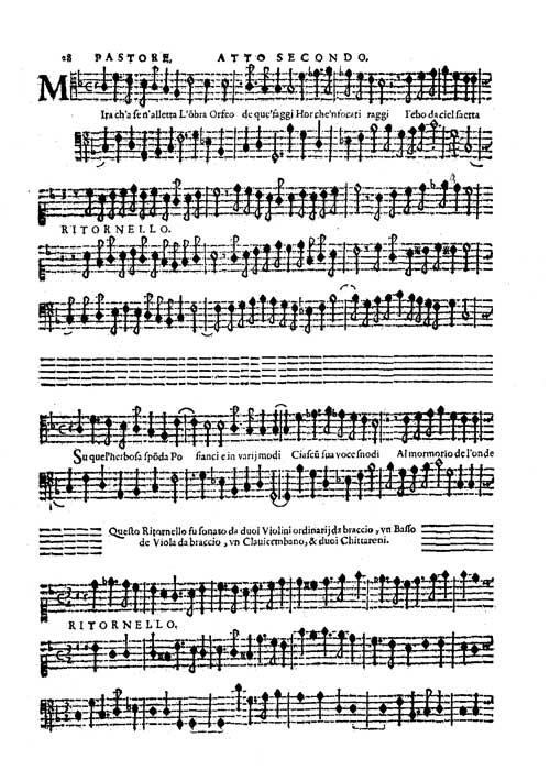 
	L’Orfeo, favola in musica da Claudio Monteverdi, rappresentata in Mantova l’Anno 1607. & novamente data in luce.In Venetia Appresso Ricciardo Amadino, MDCIX, p. 28.