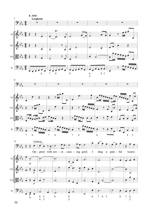 
	 
	Georg Friedrich Handel, Belshazzar, Aria « Opprest with never ceasing grief », troisième version remaniée pour les représentations de 1751. Édition Pascal Duc / Les Arts florissants.