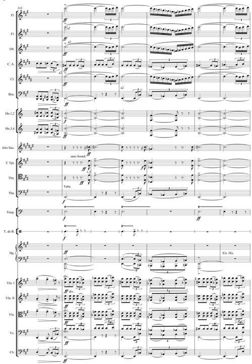 
	Claude Debussy, Rapsodie pour orchestre et saxophone, copie de l’édition Durand, mesures 340-351.