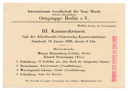
	Programme du concert d’Eduard Steuermann du 19 janvier 1929 – Archives Centre Arnold Schoenberg, Vienne.