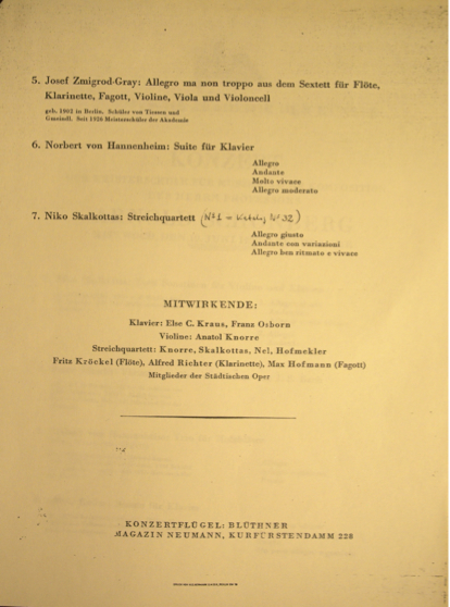 
	Programme de concert du 19 juin 1929 – Archives Skalkottas, Athènes.